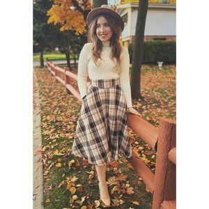 NWT PLAID TWEED HIGH-WAIST A-LINE MIDI SKIRT